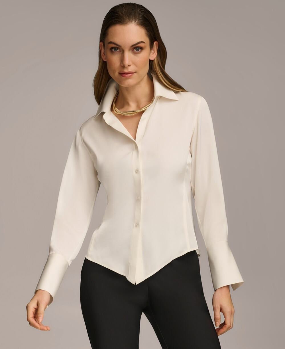 Donna Karan New York Petite Button Front Point Hem Top Cream Size PXL 3708